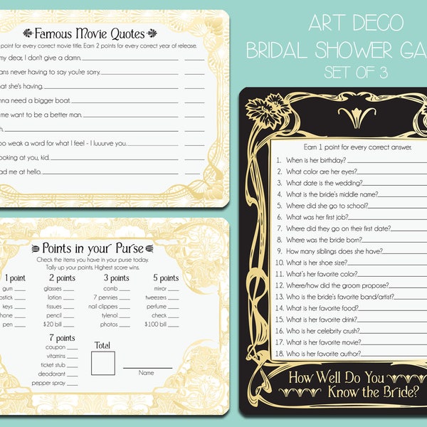 INSTANT DOWNLOAD - Art Deco Games Bridal Shower Games - Movie Quotes, How Well Do You Know The Bride, Points in your Purse -Art Nouveau Gold