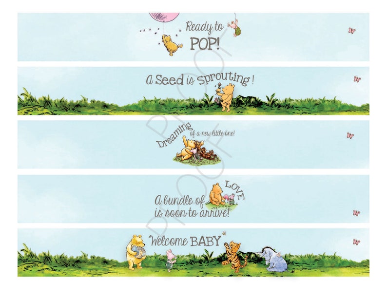 May include: Winnie the Pooh themed baby shower favor tags with blue and green backgrounds. The tags feature Winnie the Pooh and his friends with text that says "Ready to POP!", "A Seed is Sprouting!", "Dreaming of a new little one!", "A bundle of love is soon to arrive!" and "Welcome Baby".