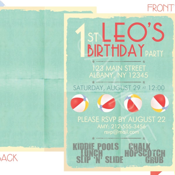 Invitación de cumpleaños con pelota de playa retro – Surf o piscina (Digital o impresa)