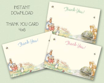 INSTANT DOWNLOAD - Peter Rabbit Baby Shower Thank You Card Vintage Beatrix Potter Theme, Invitation - BLANK