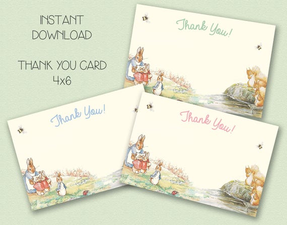 INSTANT DOWNLOAD - Peter Rabbit Baby Shower Thank You Card Vintage Beatrix Potter Theme, Invitation - BLANK