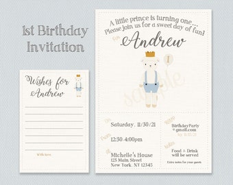 Lamb 1st Birthday Invitation & Wishes Card, Prince Theme (Digital or Printed)