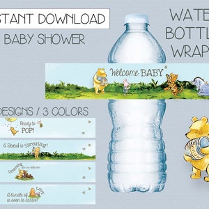 INSTANT DOWNLOAD - Classic Winnie the Pooh Water Bottle Wraps Labels Original Pooh Piglet Tigger Eeyore Baby Shower - 5 designs Bottle Favor