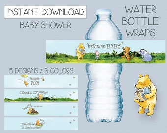 Classic Winnie the Pooh Water Bottle Labels – Baby Shower Wraps (Instant Download)