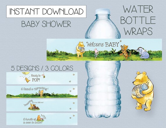 Classic Winnie the Pooh Water Bottle Labels – Baby Shower Wraps (Instant Download)
