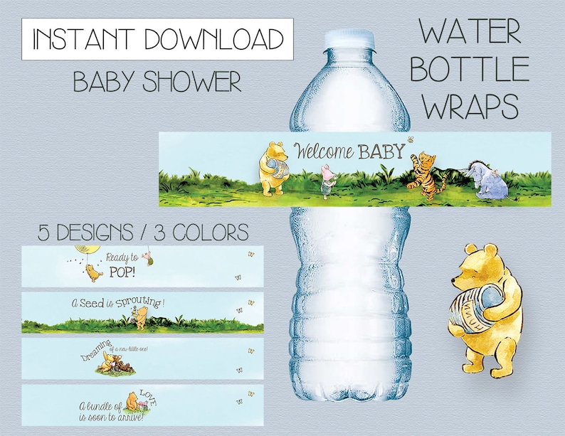 May include: Five Winnie the Pooh themed baby shower water bottle wraps. The wraps are blue and feature different Winnie the Pooh characters and sayings. The sayings include "Welcome Baby", "Ready to Pop", "A Seed is Sprouting", "Dreaming of a new little one", and "A bundle of love is soon to arrive".