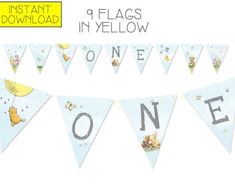 Winnie the Pooh 1st Birthday Banner – Yellow, 9 Flags (Digital Download)