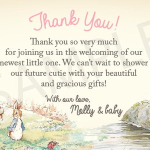 May include: A thank you card with a watercolor illustration of bunnies and squirrels. The card has the text "Thank You!" and "Thank you so very much for joining us in the welcoming of our newest little one. We can't wait to shower our future cutie with your beautiful and gracious gifts! With our love, Molly & baby".