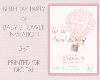 Hot Air Balloon 1st Birthday Invitation – Floral Baby Shower Invite (Digital or Printed)