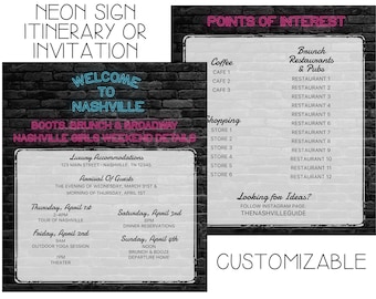 Nashville Girls Weekend Invitation – Neon Sign Itinerary (Printed or Digital)