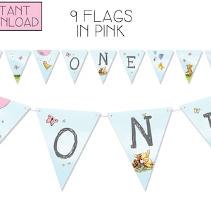 DESCARGA INSTANTE - Winnie the Pooh Banner *PINK* 9 banderas - Girl&#39;s Pooh First Birthday Party - Winnie the Pooh First Birthday Decorations