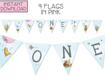 Winnie the Pooh First Birthday Banner - Pink, 9 Flags (Instant Download)