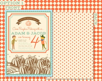 Pumpkin Picking Birthday Invitation, Twins, Triplets, Farm Party (Digital File)