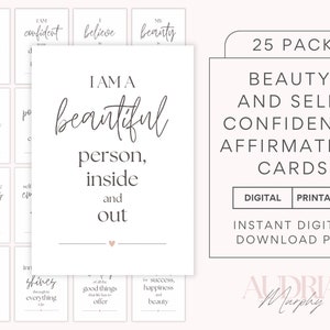 Jeu de cartes avec affirmation positive Beauté et confiance en soi, imprimable, concept de soi numérique, manifestation, tableau de visualisation pleine conscience