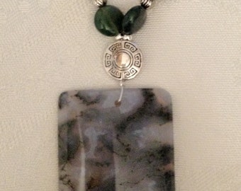 Moss Agate necklace in green grey and white, with semi transparent pendant