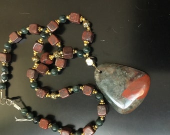 Dark green moss agate pendant, moss agate  cube beads with green and metal beads