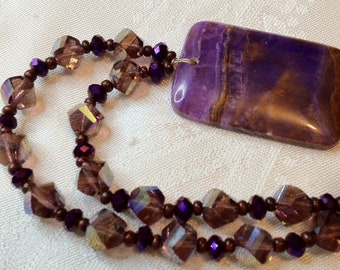 Purple necklace with rectangle jasper pendant and beaded swarovski chain