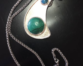 Green malachite blue cat eye on silver setting  pendant, special gift to your loved one.