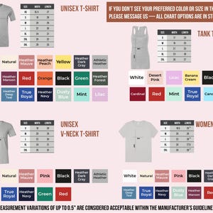 The image is a collection of different styles and sizes of women's t-shirts, including a tank top, a v-neck t-shirt, and a unisex t-shirt. The image provides measurements and color options for each style, as well as a message indicating that all chart options are in stock.