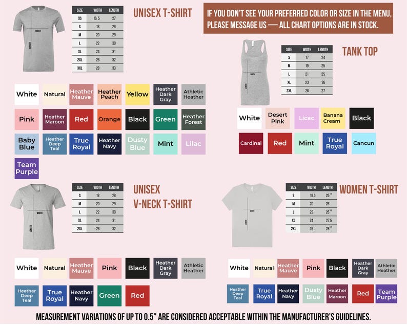 The image is a collection of different styles and sizes of women's t-shirts, including a tank top, a v-neck t-shirt, and a unisex t-shirt. The image provides measurements and color options for each style, as well as a message indicating that all chart options are in stock.
