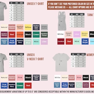 The image is a collection of different styles and sizes of women's t-shirts, including a tank top, a v-neck t-shirt, and a unisex t-shirt. The image provides measurements and color options for each style, as well as a message indicating that all chart options are in stock.