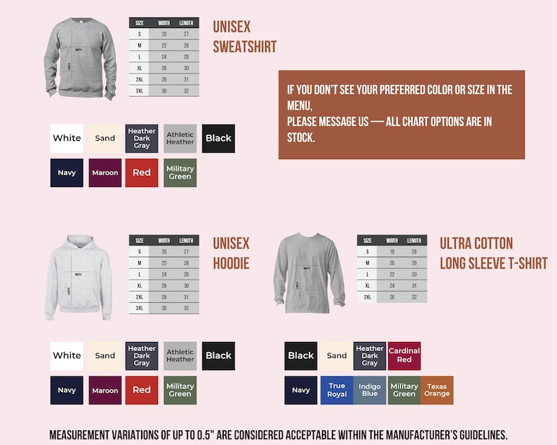 a collection of sweatshirts and hoodies in various colors and sizes, along with a menu that provides measurement options for customers. The text indicates that measurement variations of up to 0.5' are acceptable within the manufacturer's guidelines.