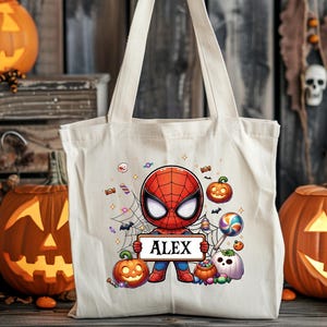 Personalized Superhero Halloween Tote Bag, One Sided Trick or Treat Bag, Kids Candy Bag, Candy Sack, Custom Name Halloween Treat Bag zdjęcie 5