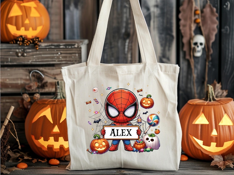 Personalized Superhero Halloween Tote Bag, One Sided Trick or Treat Bag, Kids Candy Bag, Candy Sack, Custom Name Halloween Treat Bag zdjęcie 5