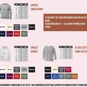 a collection of sweatshirts and hoodies in various colors and sizes, along with a menu that provides measurement options for customers. The text indicates that measurement variations of up to 0.5' are acceptable within the manufacturer's guidelines.
