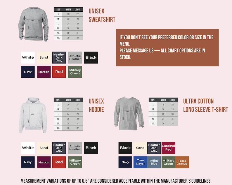 a collection of sweatshirts and hoodies in various colors and sizes, along with a menu that provides measurement options for customers. The text indicates that measurement variations of up to 0.5' are acceptable within the manufacturer's guidelines.