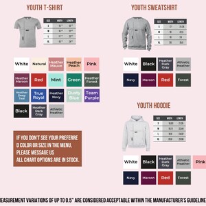 a collection of youth clothing items, including a youth t-shirt and a youth sweatshirt, along with their respective measurements and color options. The image also includes a note about measurement variations and guidelines for the manufacturer's products.