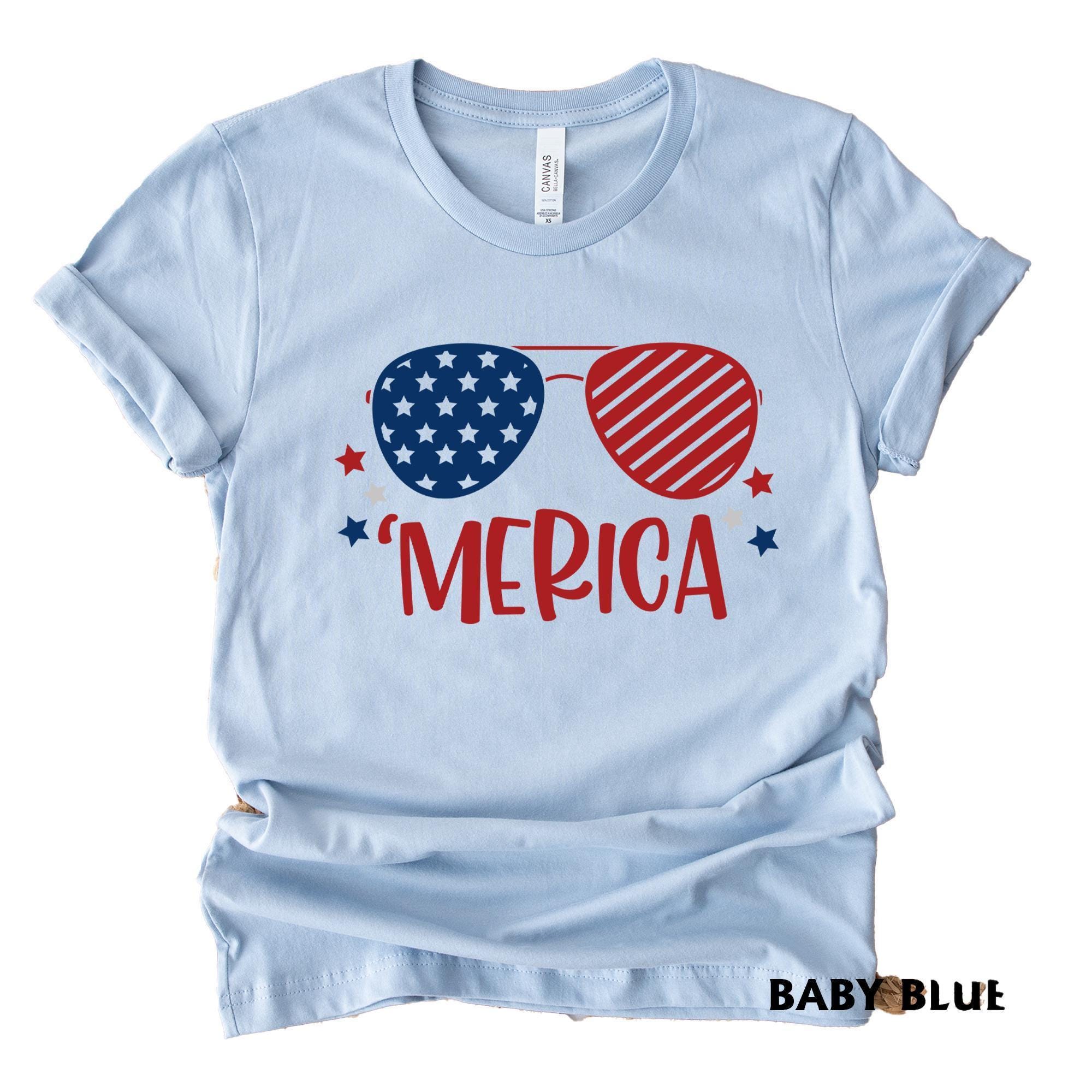 Women's 'Merica American Flag Sunglasses T-Shirt - Patriotic Short Sleeve Tee (Red, Size Medium)