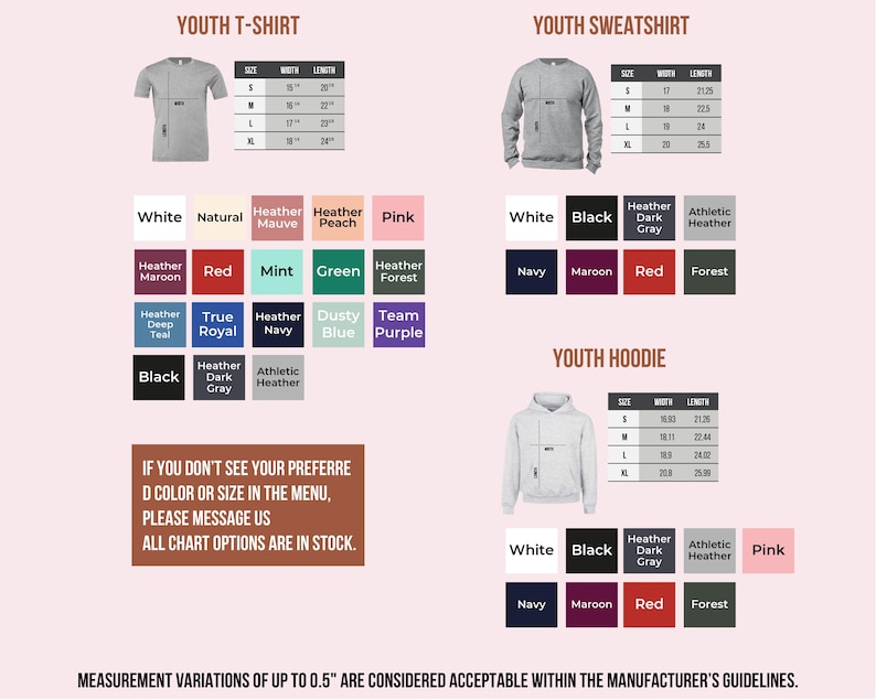 a collection of youth clothing items, including a youth t-shirt and a youth sweatshirt, along with their respective measurements and color options. The image also includes a note about measurement variations and guidelines for the manufacturer's products.