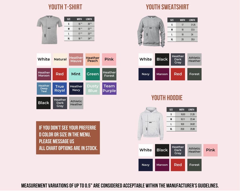a collection of youth clothing items, including a youth t-shirt and a youth sweatshirt, along with their respective measurements and color options. The image also includes a note about measurement variations and a reminder to consider the manufacturer's guidelines.