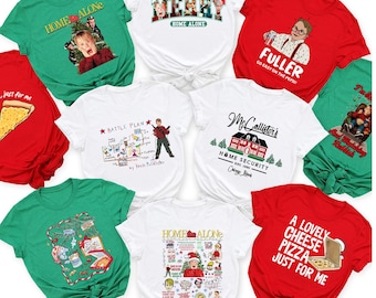 May include: A selection of red, white, and green t-shirts with graphics and text from the film "Home Alone." Designs include quotes, character illustrations, and the film's title. The text "104 DESIGN OPTION" is at the bottom of the image.