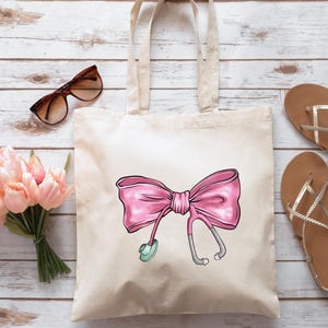 Pink Coquette Bow Nurse Tote Bag, One Sided Graduation Bag, New Nurse Gift, Nurse Student, Registered Nurse Chrismas Gift, Nurse Stethoscope