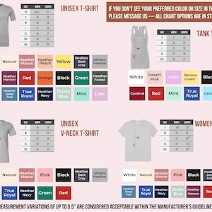 The image is a collage of various t-shirt designs, each with different color schemes and styles, including tank tops and women's t-shirts. The image does not contain any text that can be described in more detail, and the measurements and descriptions provided are based on the manufacturer's guidelines.