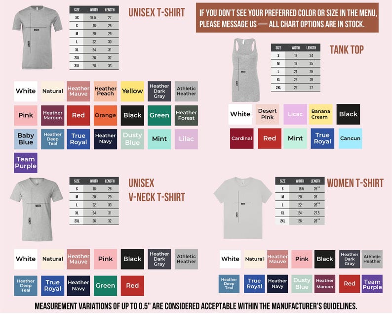 The image is a collage of various t-shirt designs, each with different color schemes and styles, including tank tops and women's t-shirts. The image does not contain any text that can be described in more detail, and the measurements and descriptions provided are based on the manufacturer's guidelines.