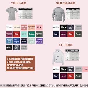 a collection of youth clothing items, including a youth t-shirt and a youth sweatshirt, along with their respective measurements and color options. The image also includes a note about measurement variations and guidelines for the manufacturer's products.