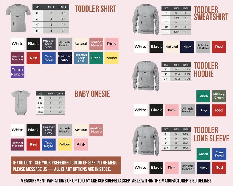 a variety of children's clothing items, including toddler shirts and sweatshirts, with different sizes and colors available.