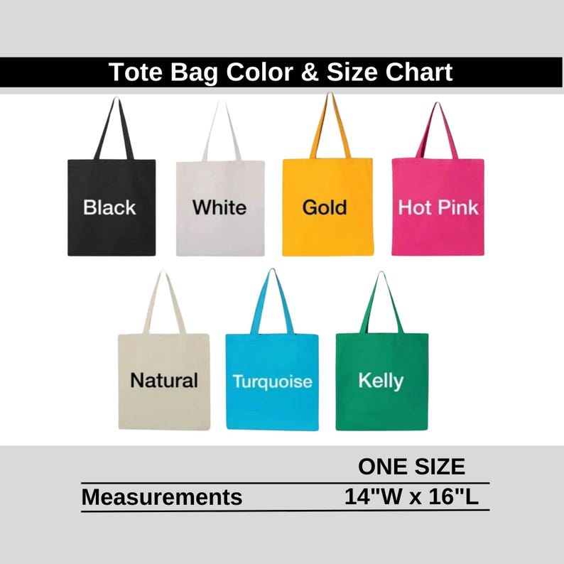 a color and size chart for tote bags, with various colors and sizes represented.