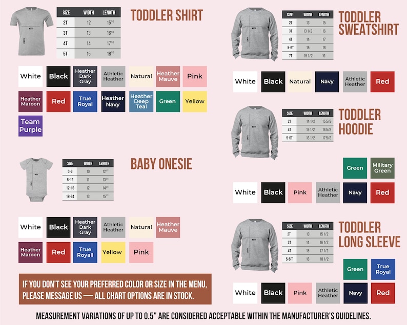 a variety of children's clothing items, including toddler shirts and sweatshirts, with different sizes and colors available.