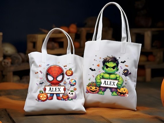 Personalized Superhero Halloween Tote Bag, One Sided Trick or Treat Bag, Kids Candy Bag, Candy Sack, Custom Name Halloween Treat Bag,