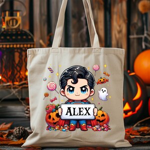 Personalized Superhero Halloween Tote Bag, One Sided Trick or Treat Bag, Kids Candy Bag, Candy Sack, Custom Name Halloween Treat Bag zdjęcie 6