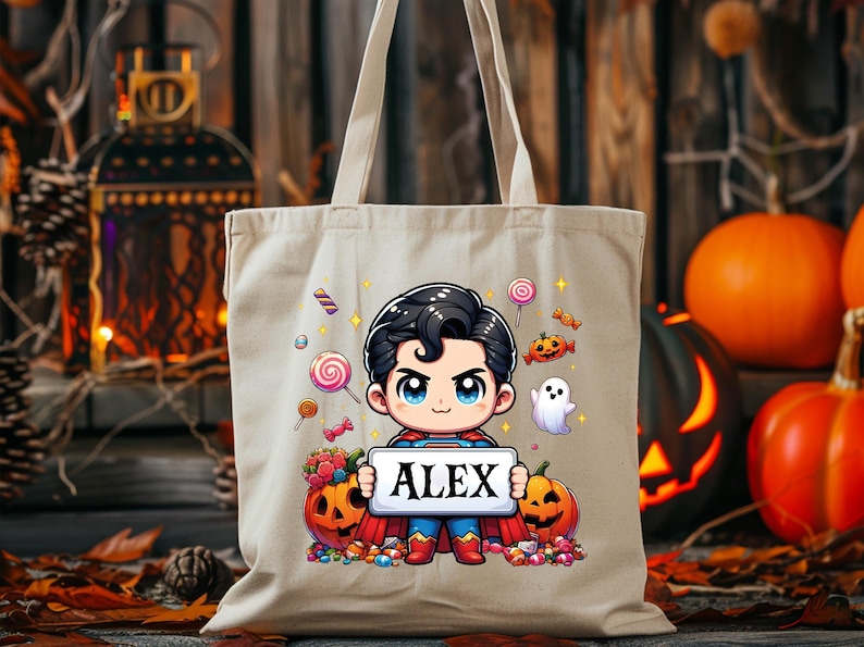 Personalized Superhero Halloween Tote Bag, One Sided Trick or Treat Bag, Kids Candy Bag, Candy Sack, Custom Name Halloween Treat Bag zdjęcie 6