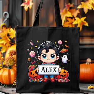 Personalized Superhero Halloween Tote Bag, One Sided Trick or Treat Bag, Kids Candy Bag, Candy Sack, Custom Name Halloween Treat Bag zdjęcie 7
