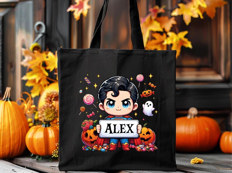 Personalized Superhero Halloween Tote Bag, One Sided Trick or Treat Bag, Kids Candy Bag, Candy Sack, Custom Name Halloween Treat Bag zdjęcie 7