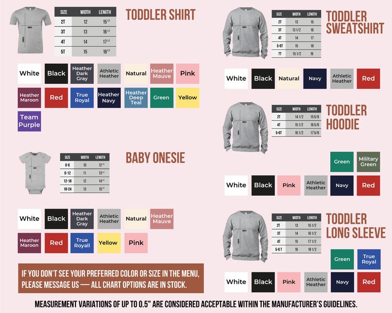 a variety of children's clothing items, including toddler shirts and sweatshirts, with different sizes and colors available.