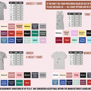 The image is a collection of different styles and sizes of women's t-shirts, including a tank top, a v-neck t-shirt, and a unisex t-shirt. The image provides measurements and color options for each style, as well as a message indicating that all chart options are in stock.