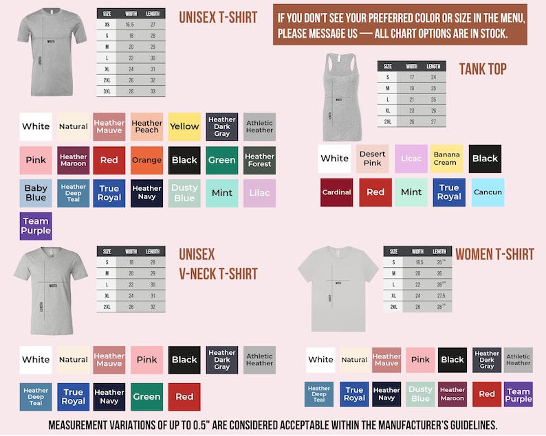 The image is a collection of different styles and sizes of women's t-shirts, including a tank top, a v-neck t-shirt, and a unisex t-shirt. The image provides measurements and color options for each style, as well as a message indicating that all chart options are in stock.
